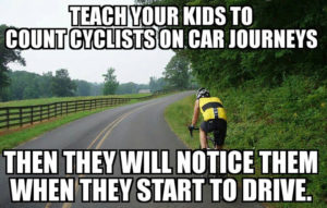 Bike with caption: Teach your kids to count cyclists on car journeys then they will notice them when they start to drive.